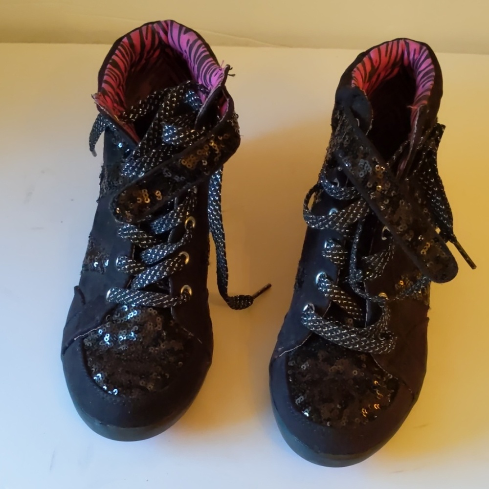 Justice black textile sequin lace up boots-sz 8
